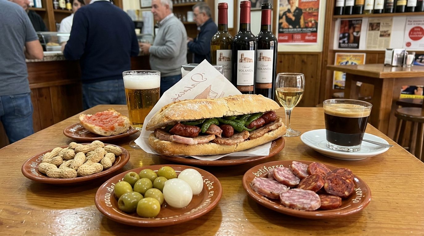 A Valencian almuerzo on a bar counter: a crusty bocadillo, olives, cured sausage, beer and wine