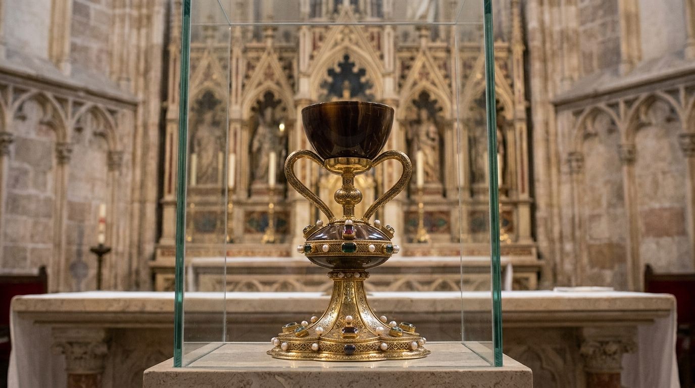A gold chalice displayed in a Gothic chapel