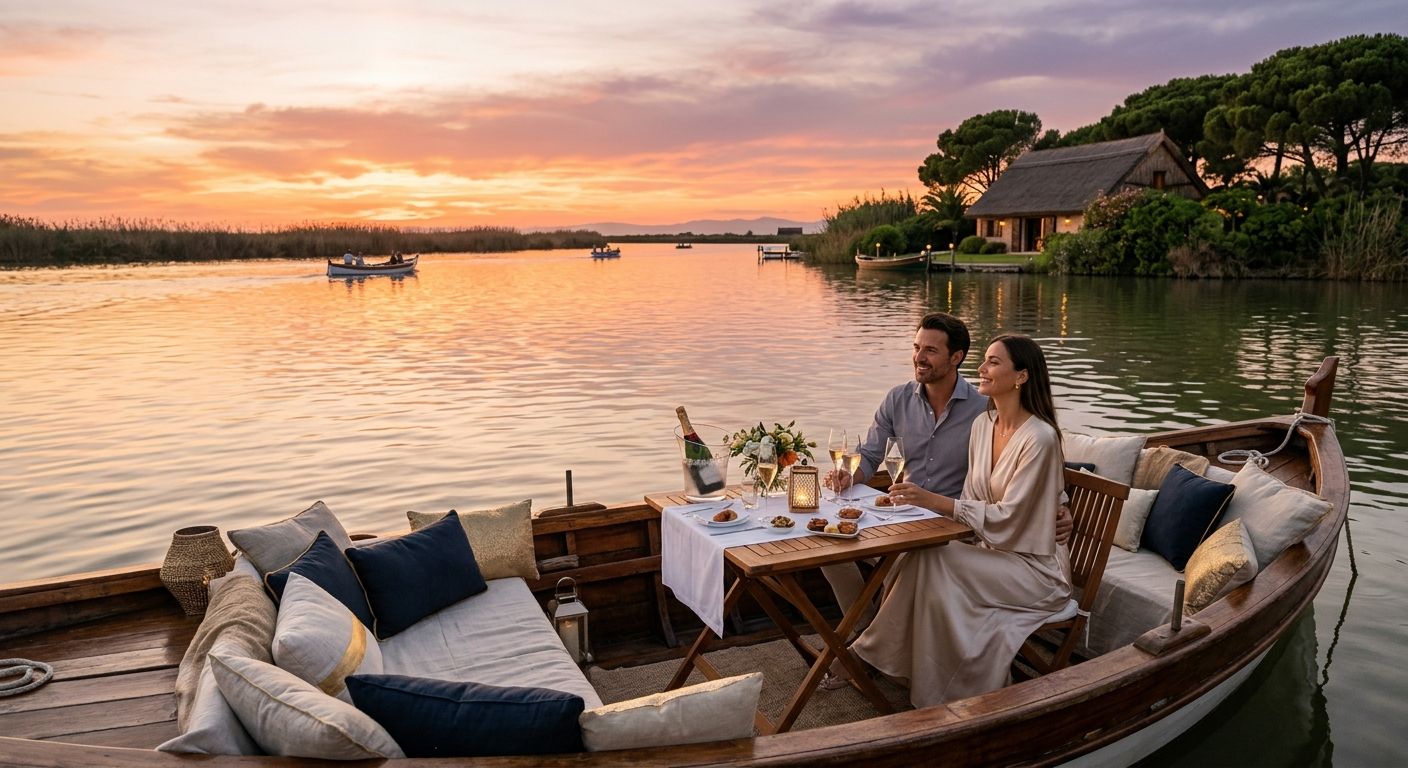 A couple sharing a candlelit table with champagne on a wooden deck over the Albufera lagoon at sunset