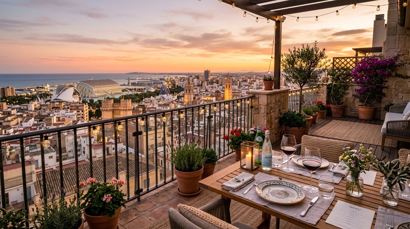 A table set with wine glasses on a rooftop terrace above the old town of Valencia at sunset