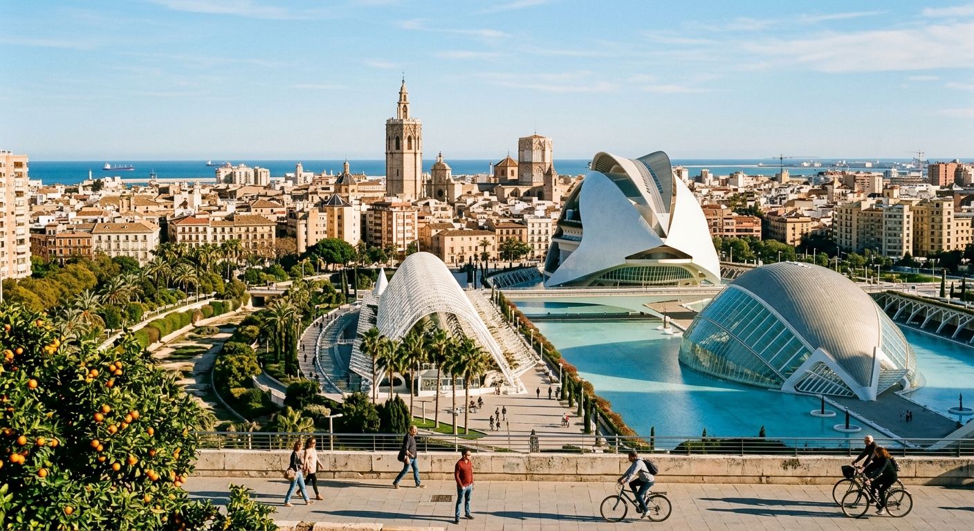 A view over Valencia with the cathedral bell tower and the City of Arts and Sciences