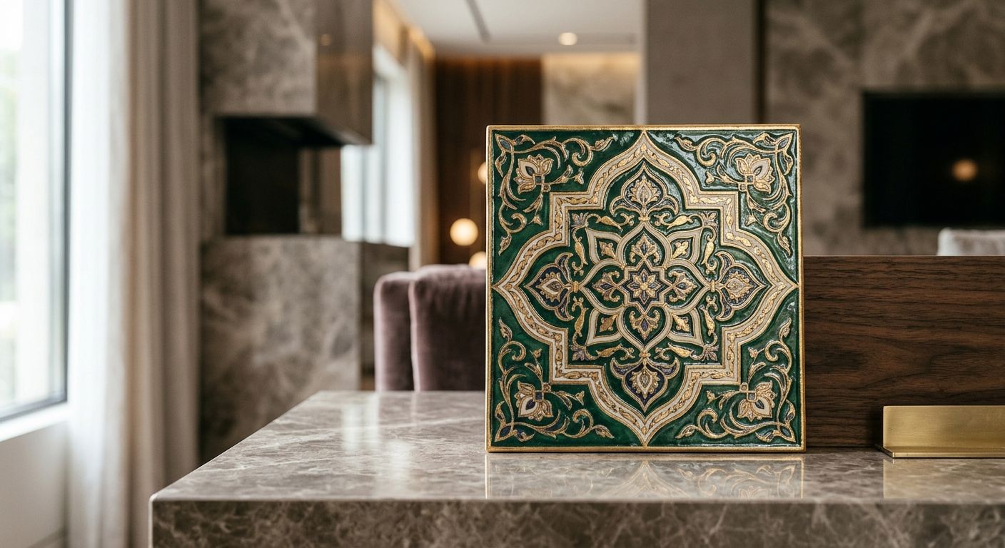 A green and gold tile with a geometric pattern displayed on a marble console