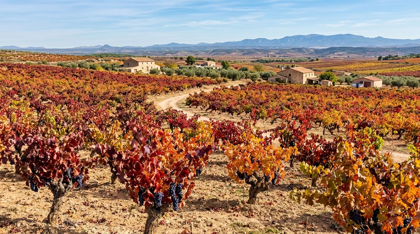Old bush vines in autumn red and gold on the plateau of Utiel-Requena, a farmhouse and hills beyond