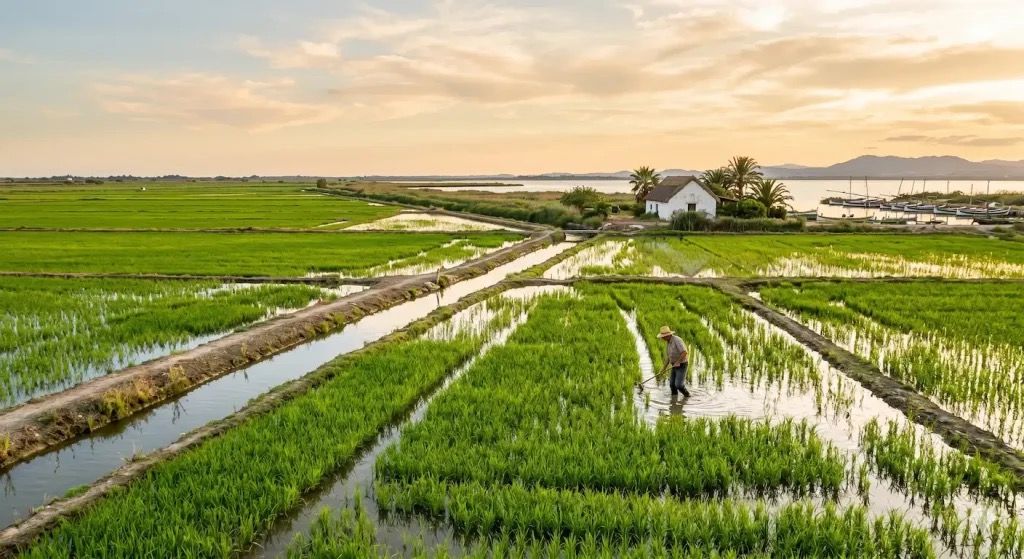 Flooded green rice fields of the Albufera with a farmer at work and a white barraca beyond