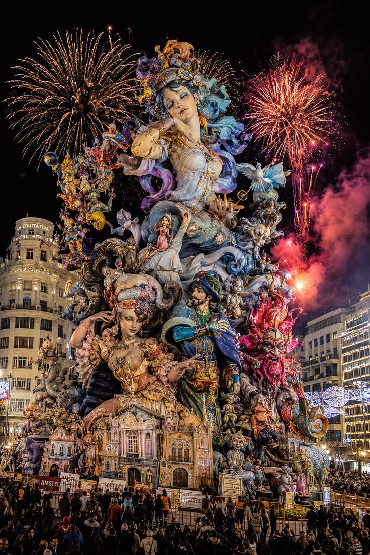 An ornate falla monument lit at night with fireworks in the sky
