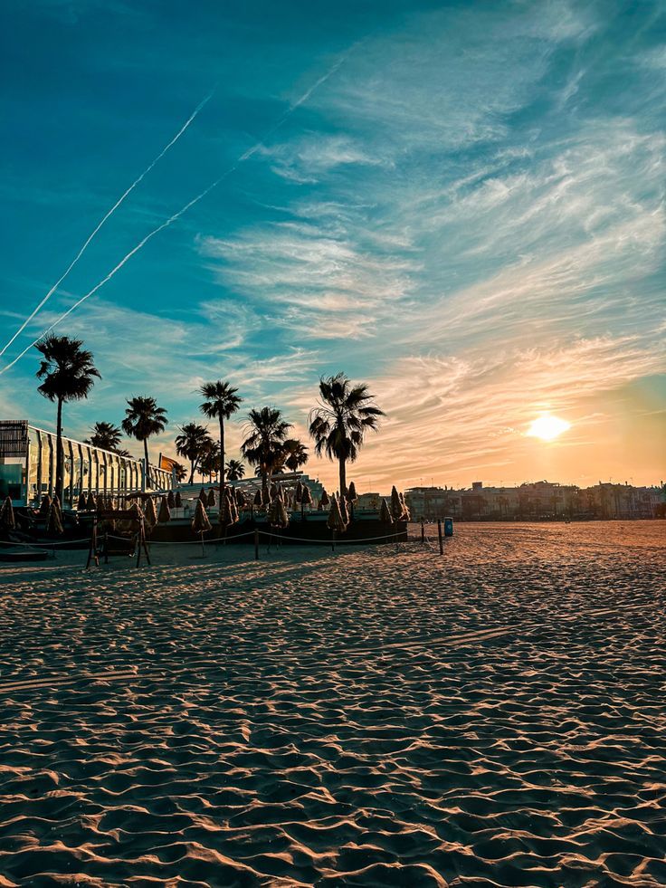 Palm trees and sand on the Malvarrosa beach in Valencia at sunset